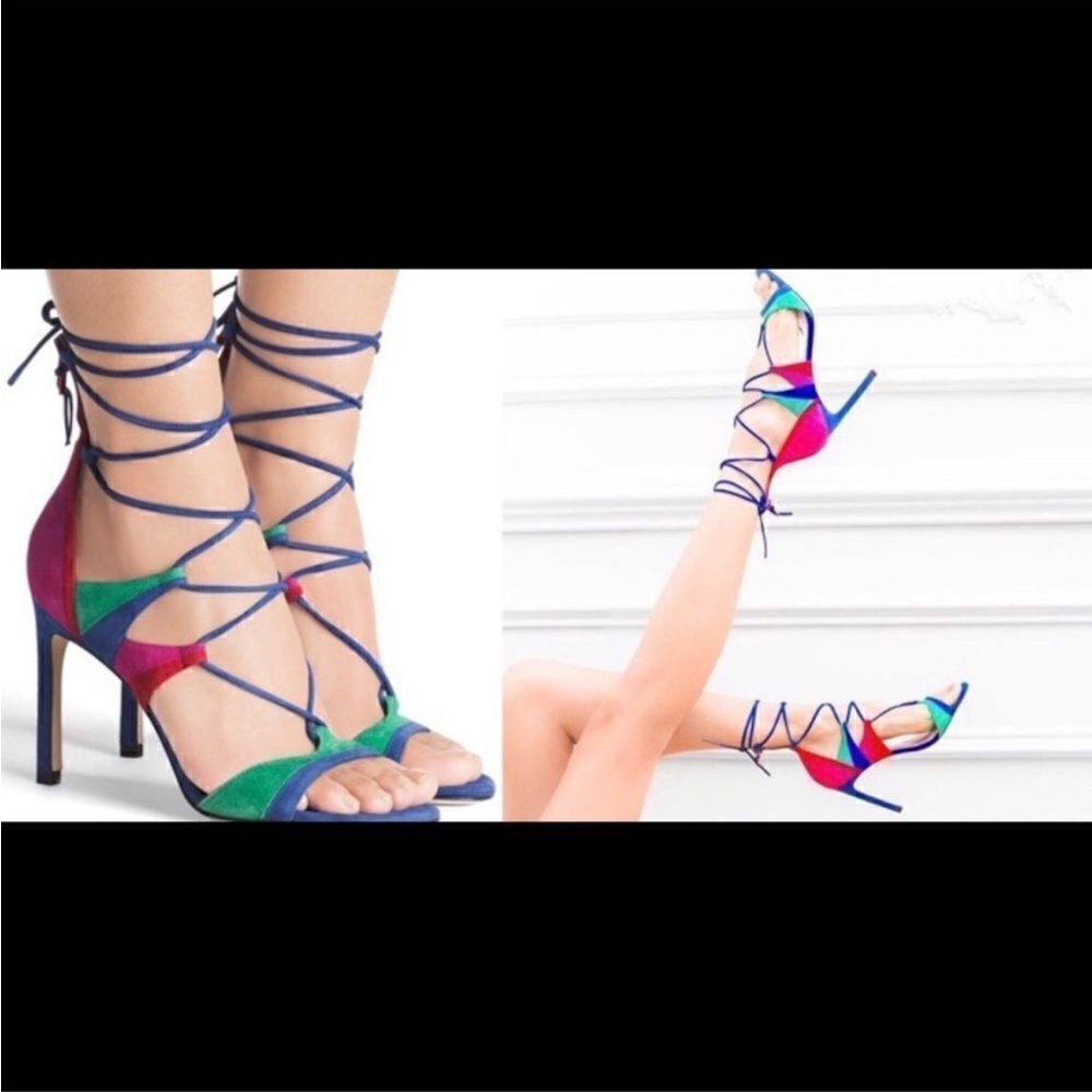 Stuart Weitzman Legwrap Colorblock Suede Sandals - Picture 2 of 12